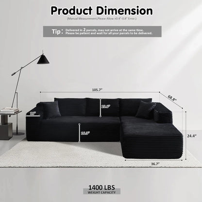 ovios 104" Cloud Sectional Couch with L-Shape Chaise,Modern Modular Sofa with Deep Seat, Upholstered Couches for Living Room Bedroom,No Assembly Required, Grey (Plush Corduroy Fabric)