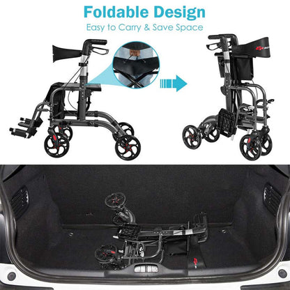 2 In 1 Rollator Walker Wheelchair Folding Medical Walker Aluminum Transport Chair Mobility Walking Aid - Comfortable And Ergonomic Design