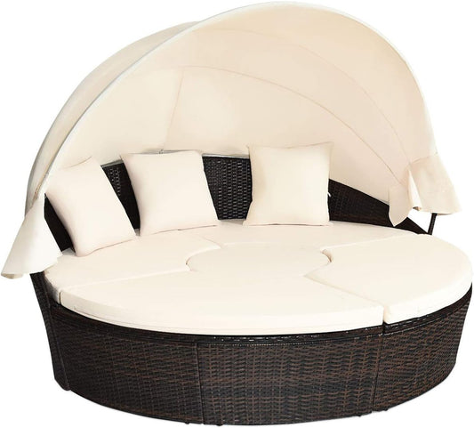 Outdoor daybed, rattan round daybed with sunshade canopy, patio set with cushions and adjustable coffee table, rattan patio furniture, suitable for backyard terraces, porches, and poolside (green color)