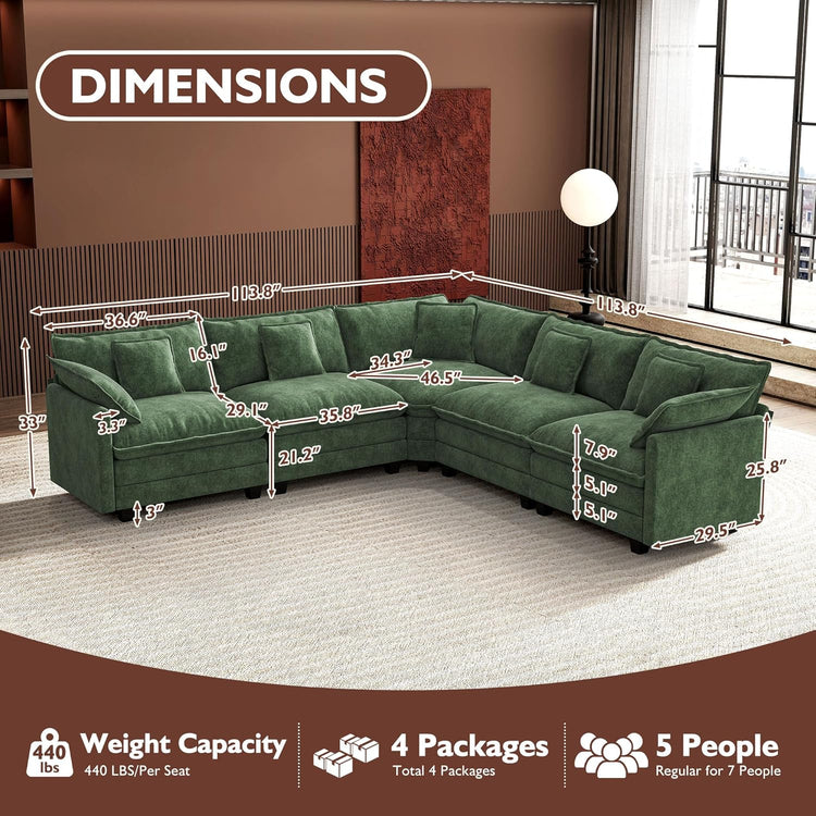 Ihanherry 146" U-Shaped Modern Sofa Modular Sectional Cloud Couch with 2 Ottoman, 6-Seat Chenille Deep Seat Sofa with 6 Pillows for Living Room, Bedroom and Apartment, Grey