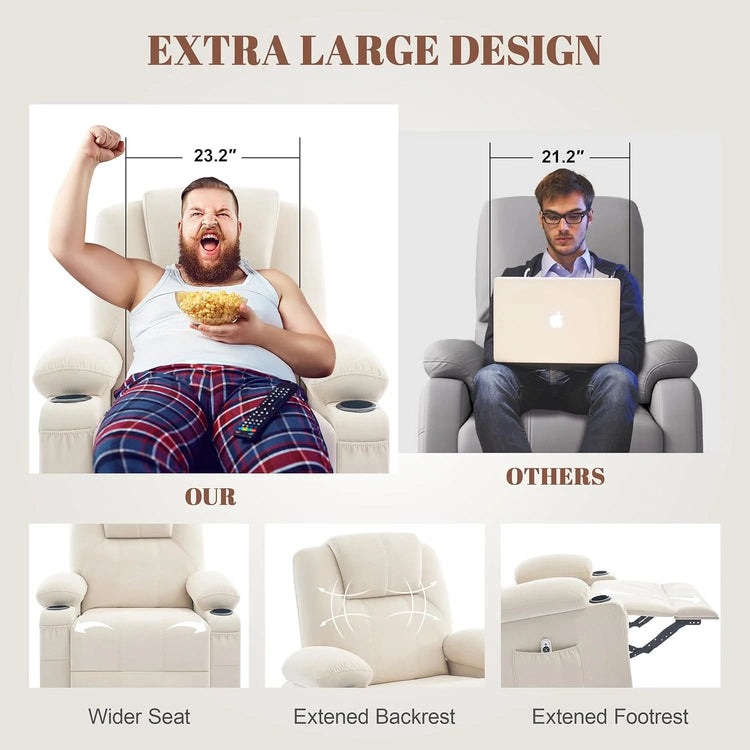 Oversized Swivel Rocker Recliner Chair with Heat and Massage, 360 Degree Swivel Rocking Single Sofa with Cup Holders and USB Port, Large Big Recliner Chair for Living Room (Leather, Brown)