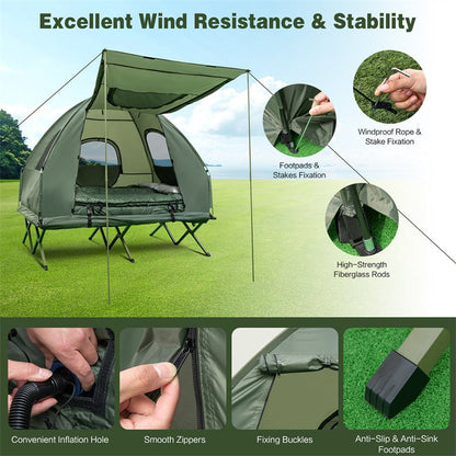 5-in-1 Tent Cot 2-Person Portable Outdoor Camping Tent Combo with Air Mattress Sleeping Bag & Sunshade