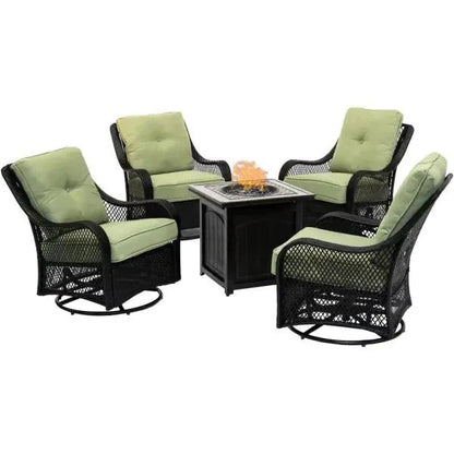 2025 5-Piece Steel Patio Fire Pit Conversation Set with Navy Blue Cushions, Swivel Gliders and Square Fire Pit Table