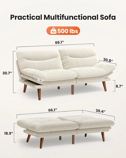 Pipishell Convertible Futon Sofa Bed,66" Corduroy Futon Couch with Adjustable Backrest and Armrests, Recliner Sleeper Sofa for Small Spaces, Play Room or Office, Grey