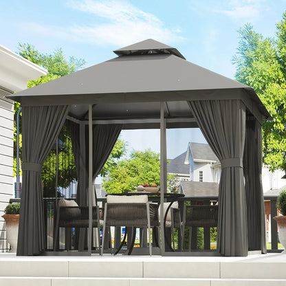 Aoxun Outdoor Gazebo for Patio 10x12, Metal Frame Canopy with Double Roofs, Heavy Duty Party Tent and Shelter with Mosquito Netting and Privacy Screen for Backyard, Lawn, Garden, Deck