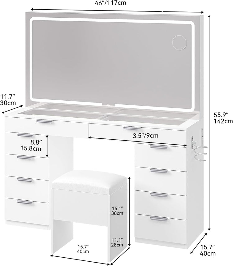 YITAHOME Vanity Set with LED Mirror, 10 Drawers, Stool Included