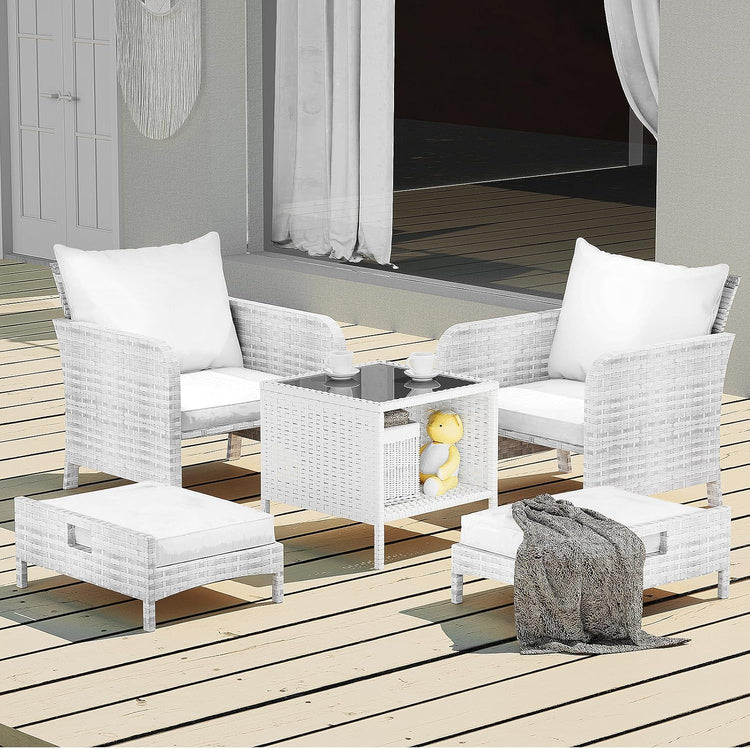 LEVELEVE Balcony Furniture 5 Piece Patio Conversation Set, PE Wicker Rattan Outdoor Lounge Chairs with Soft Cushions 2 Ottoman&Glass Table for Porch, Lawn-Brown Wicker