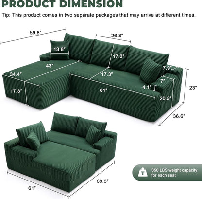 110 Cloud Sectional Couch, Boneless Sofa for Living Room Modular Sectional Sofa with Deep Seat