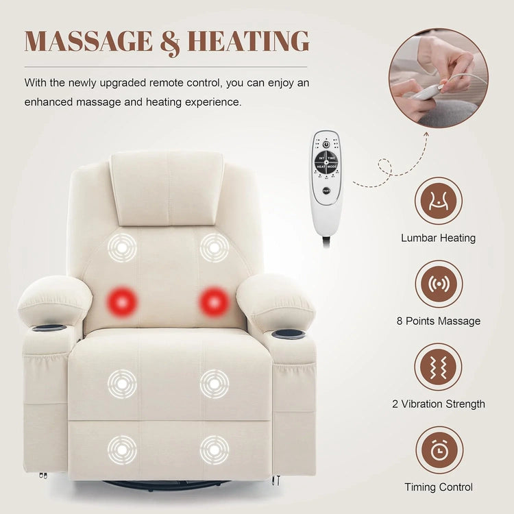 Oversized Swivel Rocker Recliner Chair with Heat and Massage, 360 Degree Swivel Rocking Single Sofa with Cup Holders and USB Port, Large Big Recliner Chair for Living Room (Leather, Brown)