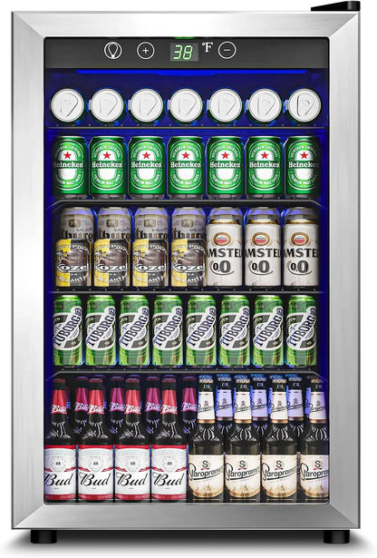 Beverage Refrigerator Cooler - 126 Can Mini Fridge Glass Door for Drinks Soda Beer Wine - Small Refrigerator for Office Bedroom Home Bar, 4 Adjustable Shelves, 3.2 Cu.Ft, Silver