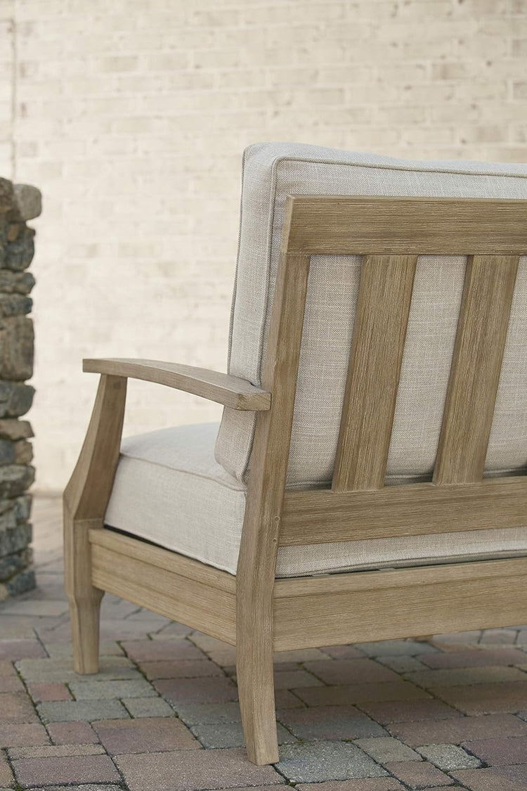 Signature Design by Ashley Clare View Coastal Outdoor Patio Eucalyptus Sofa with Cushions, Beige