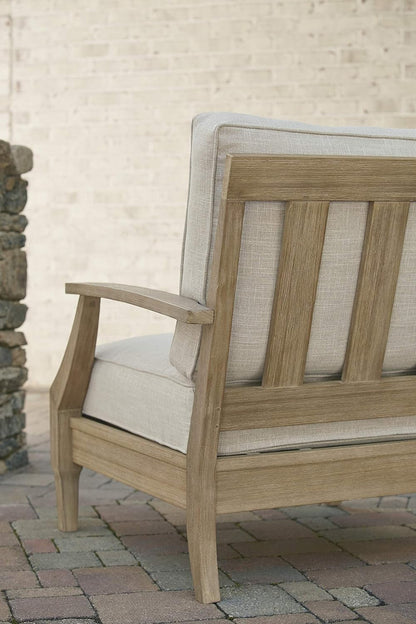 Signature Design by Ashley Clare View Coastal Outdoor Patio Eucalyptus Sofa with Cushions, Beige