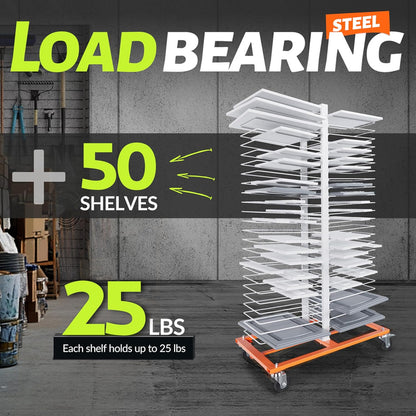 50-Shelf Paint Drying Rack with Wheels, 25lbs/Shelf, Orange/White