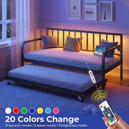 Rolanstar Daybed with Charging Station and LED Lights, Height Adjustable Twin Daybed with Trundle, Metal Sofa Bed Frame with Steel Slat Support