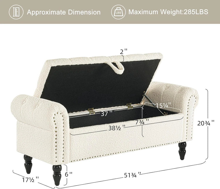 Furniliving Modern Storage Ottoman Bench, Sherpa Ottoman End of Bed Bench with Solid Wood Legs Upholstered Ottoman Benches with Storage Indoor Bench for Living Room with Rolled Arm, Entryway, White