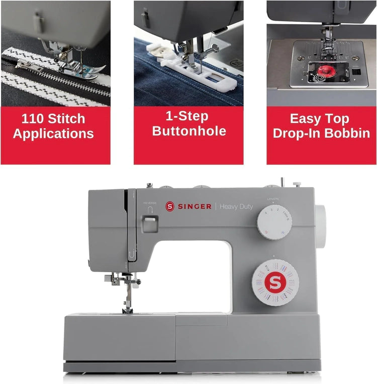 SINGER Heavy Duty 4452 High Speed Sewing Machine With Accessory Kit | Strong Motor with Enhanced Piercing Power, 110 Stitch Applications, Full Metal frame, 1-step Buttonhole & LED Lights