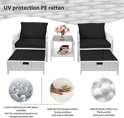 LEVELEVE Balcony Furniture 5 Piece Patio Conversation Set, PE Wicker Rattan Outdoor Lounge Chairs with Soft Cushions 2 Ottoman&Glass Table for Porch, Lawn-Brown Wicker