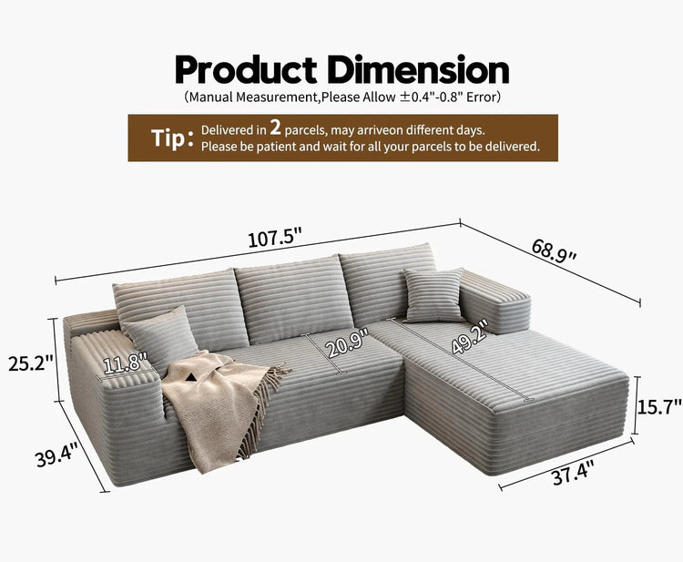 107.5" Cloud Modular Sectional Sofa Couch with L-Shape Chaise,Modern Minimalist Upholstered Couches for Living Room Bedroom,Deep Seat Corner Couch .No Assembly Required (Black,Left Facing Chaise)