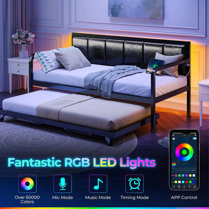Rolanstar Daybed with Charging Station and LED Lights, Height Adjustable Twin Daybed with Trundle, Metal Sofa Bed Frame with Steel Slat Support