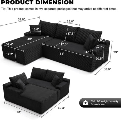 110 Cloud Sectional Couch, Boneless Sofa for Living Room Modular Sectional Sofa with Deep Seat