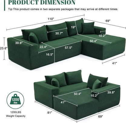 110 Cloud Sectional Couch, Boneless Sofa for Living Room Modular Sectional Sofa with Deep Seat