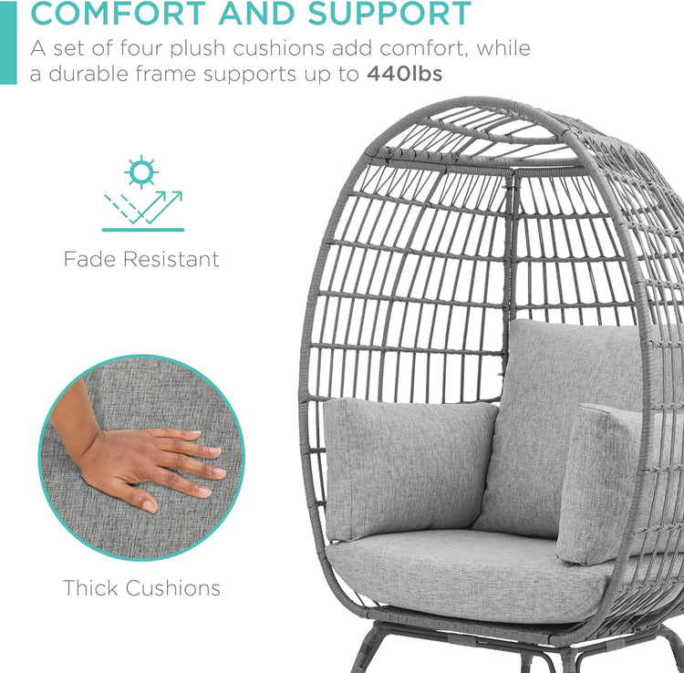 Best Choice Products Wicker Egg Chair Oversized Indoor Outdoor Lounger for Patio Backyard Living Room w/ 4 Cushions Steel Frame 440lb Capacity - Ivory