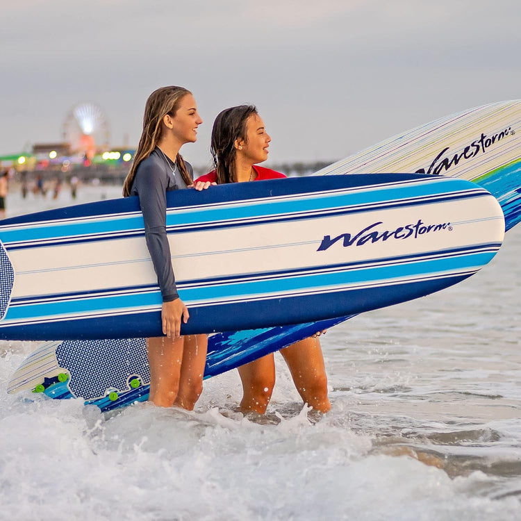 Wavestorm - Classic Soft Top Foam 7ft Surfboard Surfboard for Beginners and All Surfing Levels Complete Set Includes Leash and Multiple Fins Heat Laminated, Blue Pinline (AZ22-WSSF700-PIN)