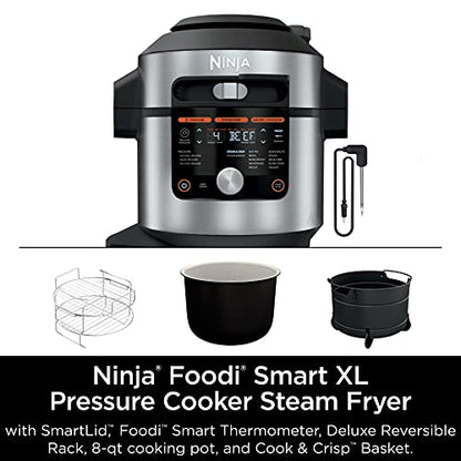 Ninja OL701 Foodi 14 in 1 SMART XL 8 Qt. Pressure Cooker Steam Fryer with SmartLid &amp; Thermometer   Auto Steam Release, that Air Fries, Proofs &amp; More, 3 Layer Capacity, 5 Qt. Crisp Basket, Silver/Black