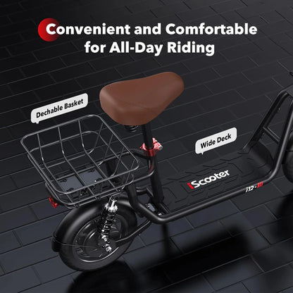 iScooter electric scooter with seat, 37/21 mile range, 28/19/15.6 mph top speed, dual suspension scooter with basket