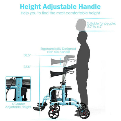 2 In 1 Rollator Walker Wheelchair Folding Medical Walker Aluminum Transport Chair Mobility Walking Aid - Comfortable And Ergonomic Design