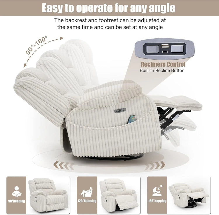 Electric rotary rocker lounge chair for adults with massage and calories, USB and C charging ports