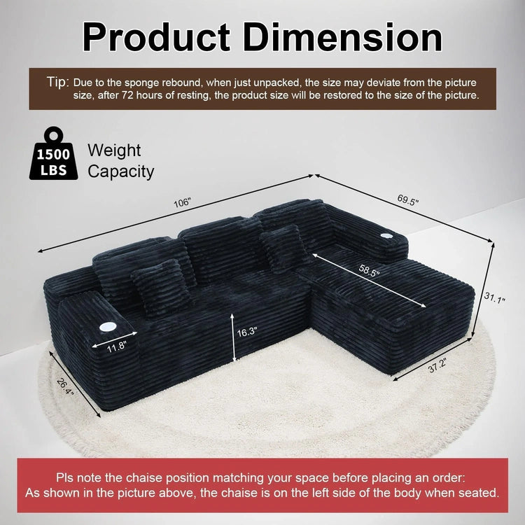 Cloud Sectional Couch with L-Shape Chaise, Modern Modular Sofa with Deep Seat, Built-in Cup Holder & Storage Pocket for Living Room Bedroom, No Assembly Required (Dark Gray, Left Sitting Chaise)