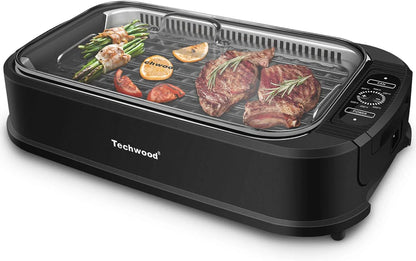 Indoor Grill, Techwood 1500W Smokeless Electric Grill with Tempered Glass Lid, Compact & Portable Non-Stick BBQ Grill with 6-Level Control, Dishwasher Safe, Black