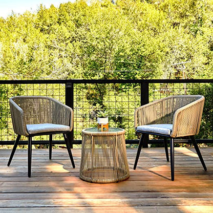 Patio Furniture Set 3-Piece Outside Bistro Set Handwoven Rattan Wicker Chairs with Waterproof Cushions Tempered Glass Table Outdoor Conversation Set for Porch Brown & Light Grey