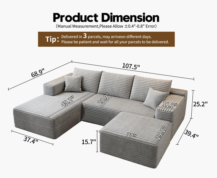 107.5" Cloud Modular Sectional Sofa Couch with L-Shape Chaise,Modern Minimalist Upholstered Couches for Living Room Bedroom,Deep Seat Corner Couch .No Assembly Required (Black,Left Facing Chaise)