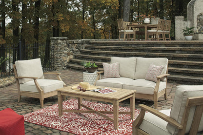 Signature Design by Ashley Clare View Coastal Outdoor Patio Eucalyptus Sofa with Cushions, Beige