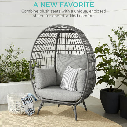Best Choice Products Wicker Egg Chair Oversized Indoor Outdoor Lounger for Patio Backyard Living Room w/ 4 Cushions Steel Frame 440lb Capacity - Ivory