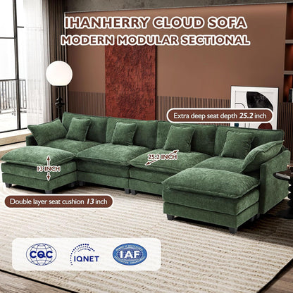 Ihanherry 146" U-Shaped Modern Sofa Modular Sectional Cloud Couch with 2 Ottoman, 6-Seat Chenille Deep Seat Sofa with 6 Pillows for Living Room, Bedroom and Apartment, Grey