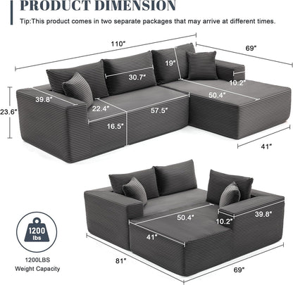 110 Cloud Sectional Couch, Boneless Sofa for Living Room Modular Sectional Sofa with Deep Seat