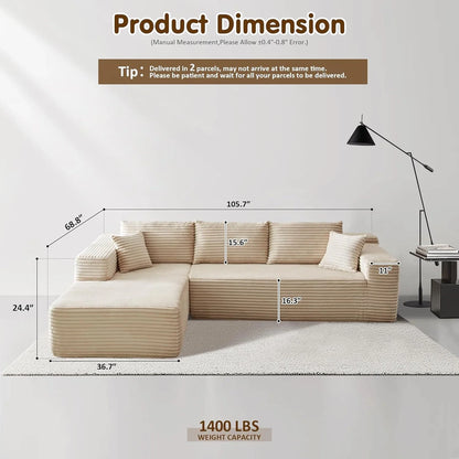 ovios 104" Cloud Sectional Couch with L-Shape Chaise,Modern Modular Sofa with Deep Seat, Upholstered Couches for Living Room Bedroom,No Assembly Required, Grey (Plush Corduroy Fabric)