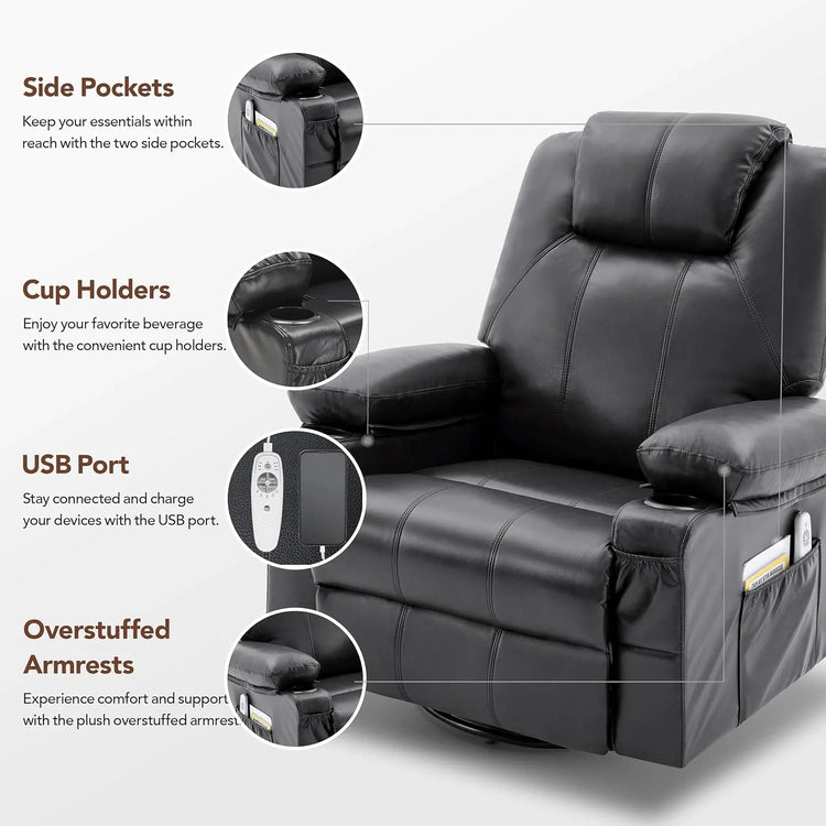 Oversized Swivel Rocker Recliner Chair with Heat and Massage, 360 Degree Swivel Rocking Single Sofa with Cup Holders and USB Port, Large Big Recliner Chair for Living Room (Leather, Brown)