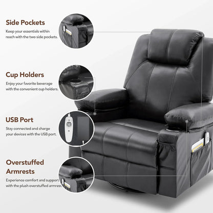 Oversized Swivel Rocker Recliner Chair with Heat and Massage, 360 Degree Swivel Rocking Single Sofa with Cup Holders and USB Port, Large Big Recliner Chair for Living Room (Leather, Brown)