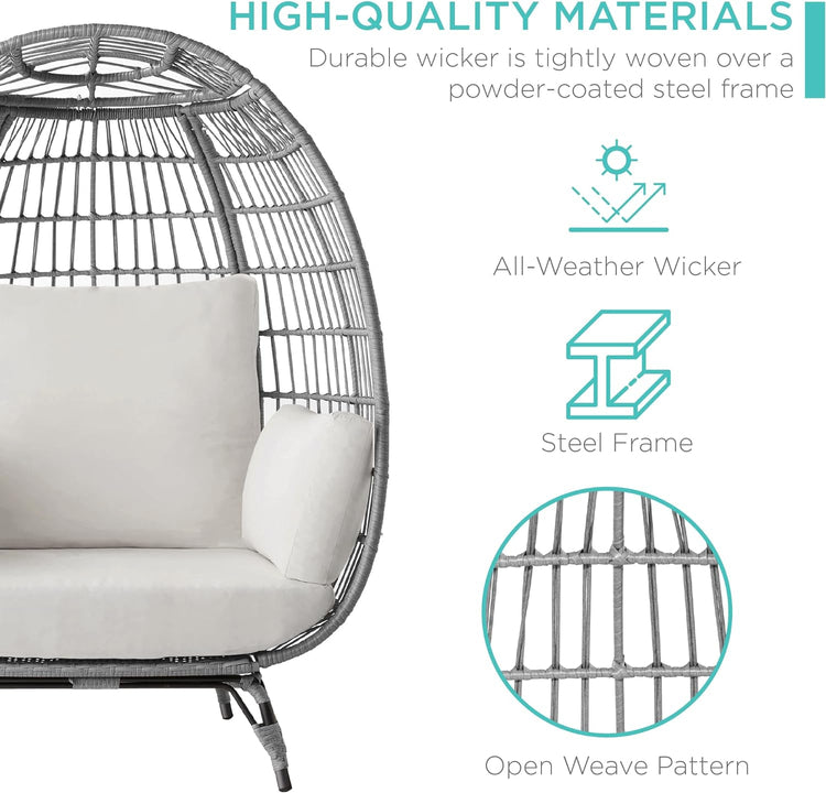 Best Choice Products Wicker Egg Chair Oversized Indoor Outdoor Lounger for Patio Backyard Living Room w/ 4 Cushions Steel Frame 440lb Capacity - Ivory