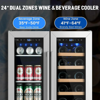 24 inch Dual Zone Beverage Refrigerator 30 Bottles 82 Cans Wine Fridge Built-in or Freestanding
