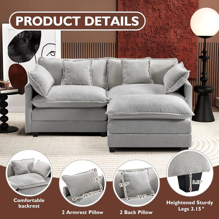 Ihanherry 146" U-Shaped Modern Sofa Modular Sectional Cloud Couch with 2 Ottoman, 6-Seat Chenille Deep Seat Sofa with 6 Pillows for Living Room, Bedroom and Apartment, Grey