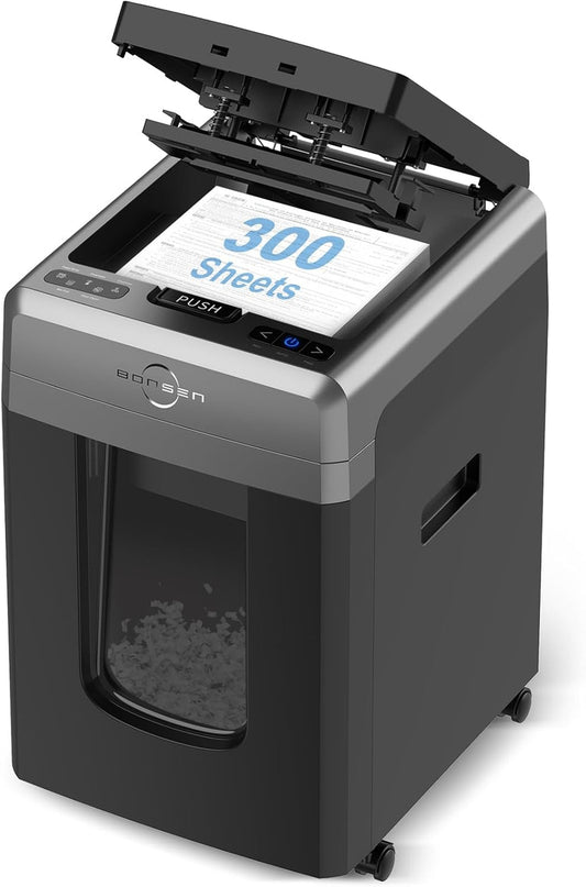 BONSEN 300-Sheet Auto Feed Paper Shredder, 60 Min, P-4, 8.1 Gal, Quiet