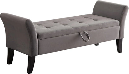 Furniliving Modern Storage Ottoman Bench, Sherpa Ottoman End of Bed Bench with Solid Wood Legs Upholstered Ottoman Benches with Storage Indoor Bench for Living Room with Rolled Arm, Entryway, White