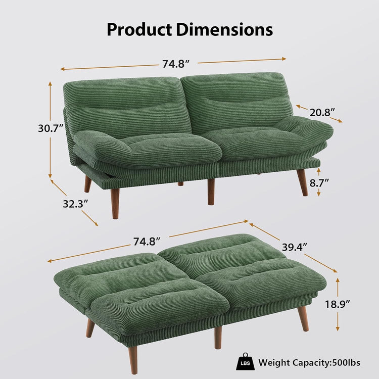 Pipishell Convertible Futon Sofa Bed,66" Corduroy Futon Couch with Adjustable Backrest and Armrests, Recliner Sleeper Sofa for Small Spaces, Play Room or Office, Grey