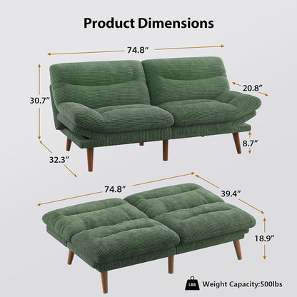 Pipishell Convertible Futon Sofa Bed,66" Corduroy Futon Couch with Adjustable Backrest and Armrests, Recliner Sleeper Sofa for Small Spaces, Play Room or Office, Grey