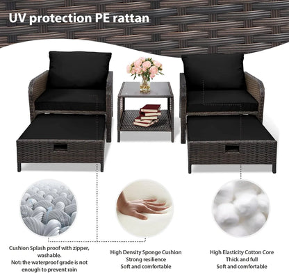 LEVELEVE Balcony Furniture 5 Piece Patio Conversation Set, PE Wicker Rattan Outdoor Lounge Chairs with Soft Cushions 2 Ottoman&Glass Table for Porch, Lawn-Brown Wicker